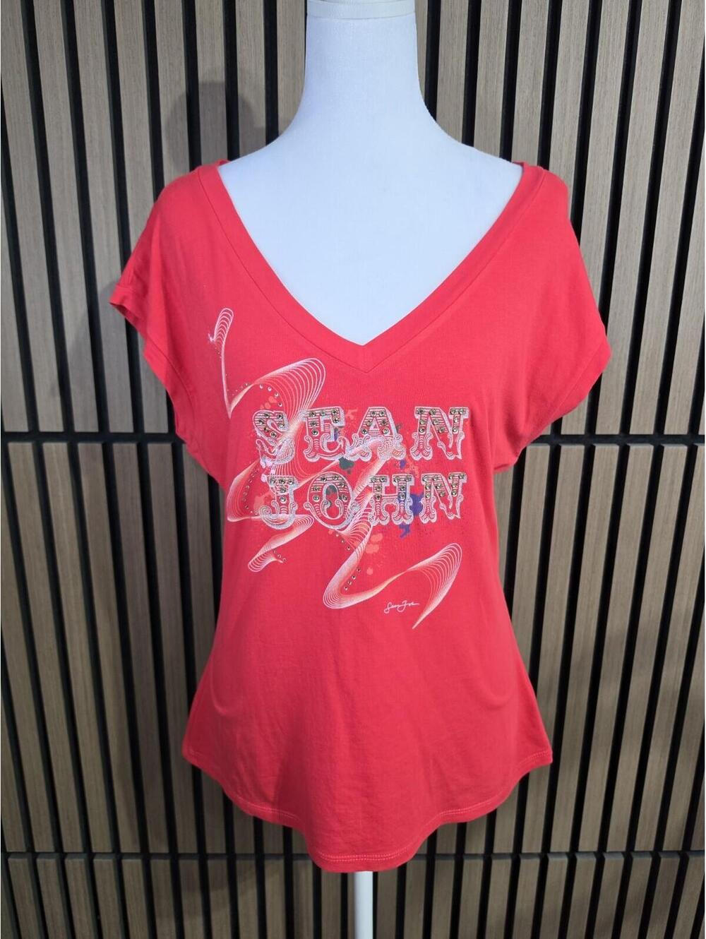 Sean John Women's Red Logo Graphic T-Shirt XL Rhinestone V-Neck Short Sleeve